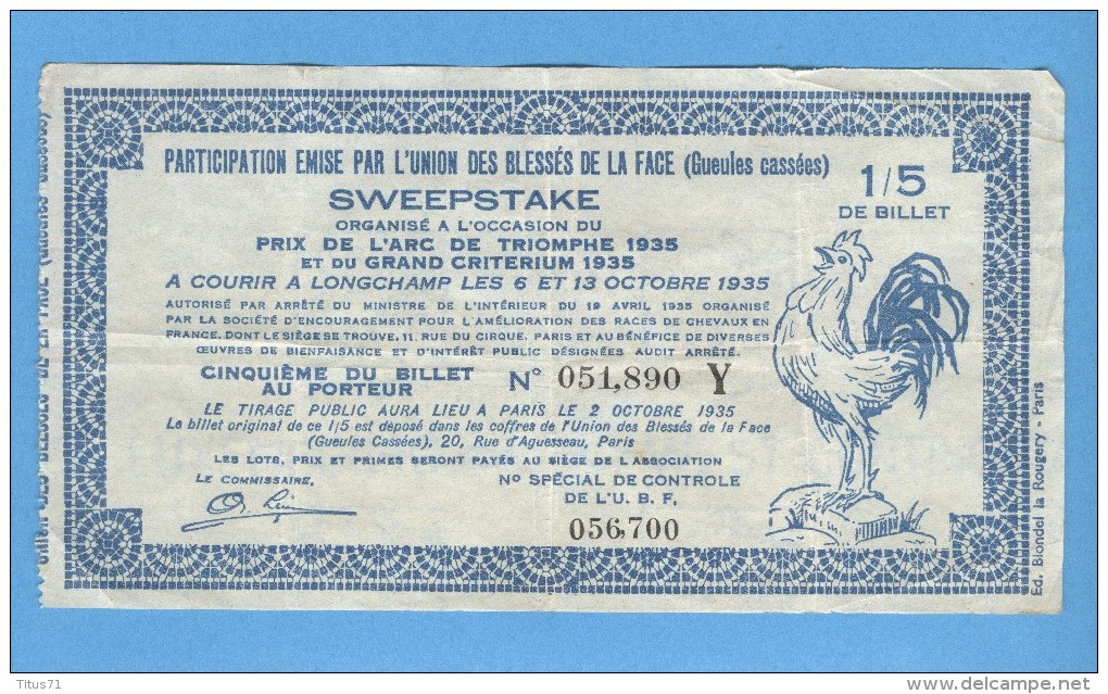 Billet Loterie - Sweepstake - Prix De L'Arc De Triomphe 1935 - 1/5 - Biglietti Della Lotteria