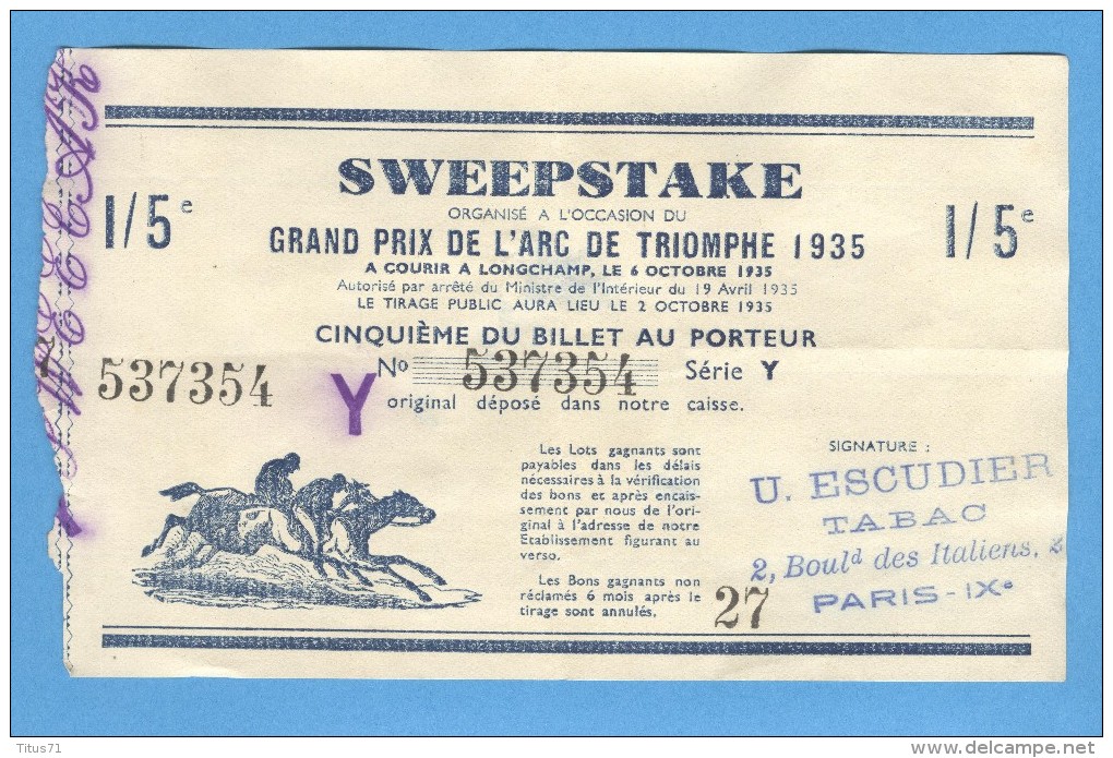 Billet Loterie - Sweepstake - Prix De L´Arc De Triomphe 1935 - 1/5 - Billets De Loterie