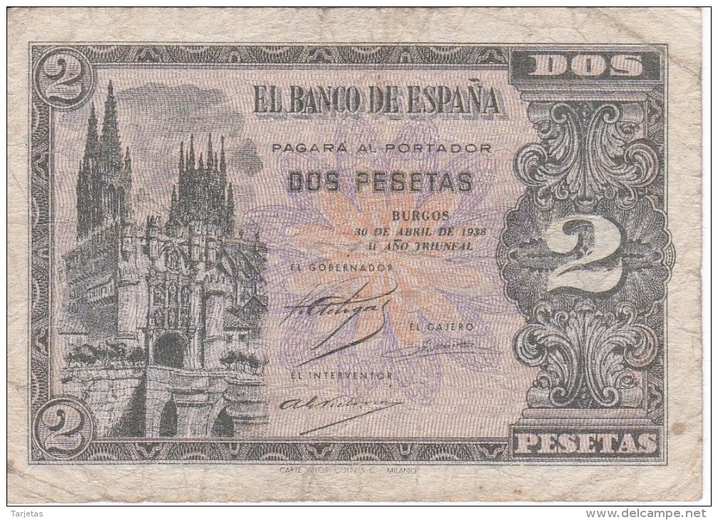 BILLETE DE ESPAÑA DE 2 PTAS  DEL AÑO 1938 SERIE D CALIDAD BC  (BANKNOTE) - 1-2 Pesetas