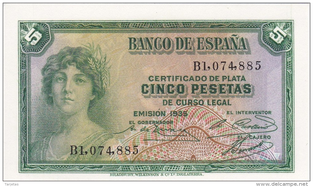 BILLETE DE ESPAÑA DE 5 PTAS DEL AÑO 1935 SERIE B (BANKNOTE) SIN CIRCULAR-UNCIRCULATED - 5 Pesetas