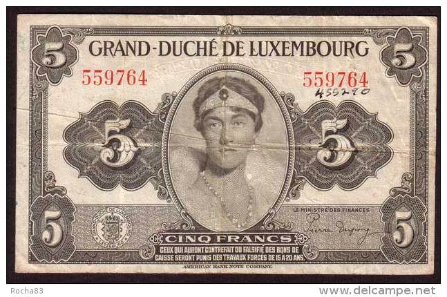 LUXEMBOURG - 5 Francs De 1944 - Pick 43 - Luxemburgo