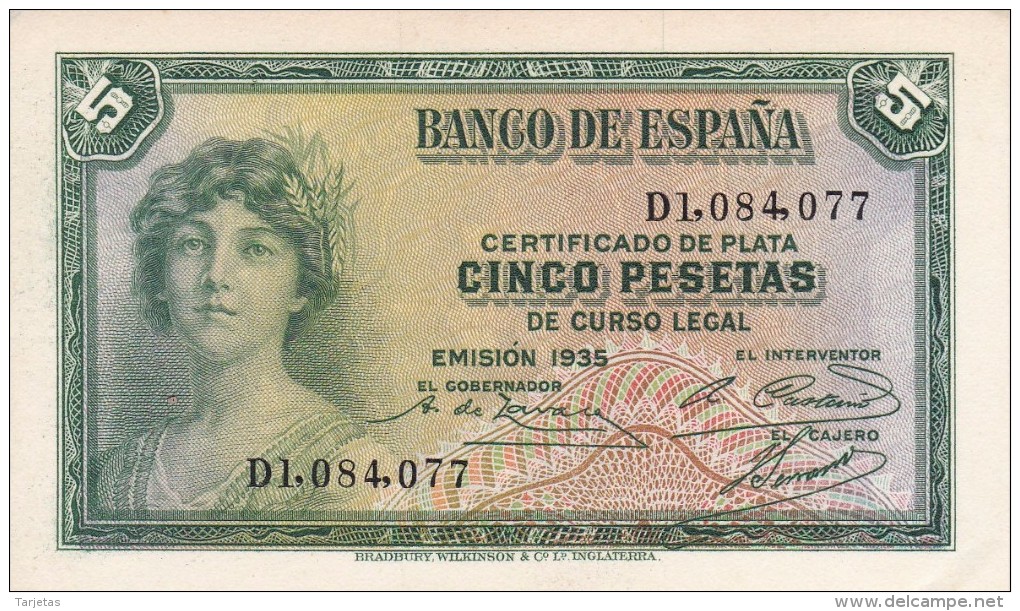 BILLETE DE ESPAÑA DE 5 PTAS DEL AÑO 1935 SERIE D (BANKNOTE) SIN CIRCULAR-UNCIRCULATED - 5 Pesetas