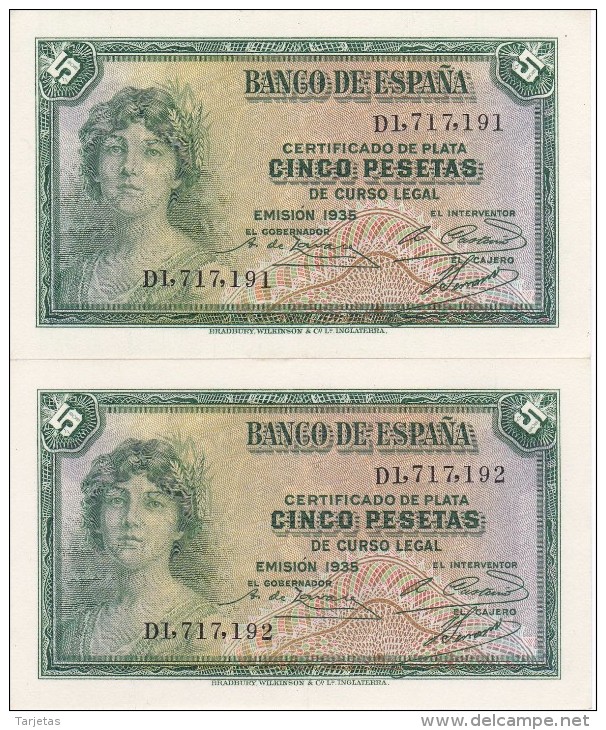 PAREJA CORRELATIVA DE 5 PTAS DEL AÑO 1935 SERIE D SIN CIRCULAR-PLANCHA-UNCIRCULATED - 5 Pesetas