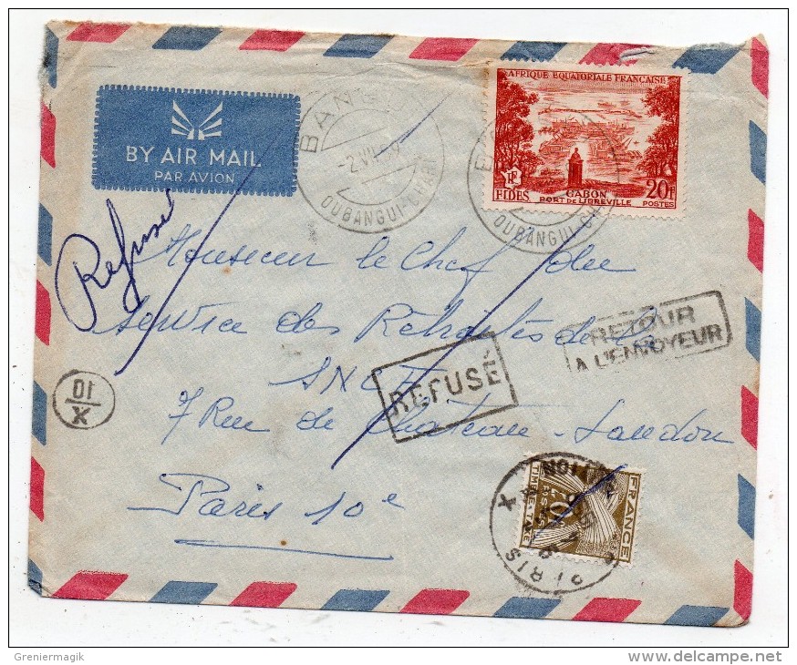 Lettre Par Avion 1959 Oubangui Chari France (Bangui à Paris) + Timbre Taxe Et Cachets Refusé Et Retour à L'envoyeur - Lettres & Documents