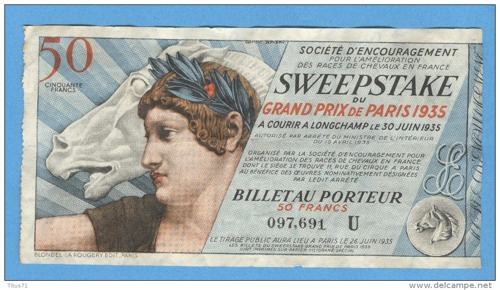 Billet Loterie - Sweepstake - Grand Prix De Paris 1935 - 50 Francs - Billets De Loterie