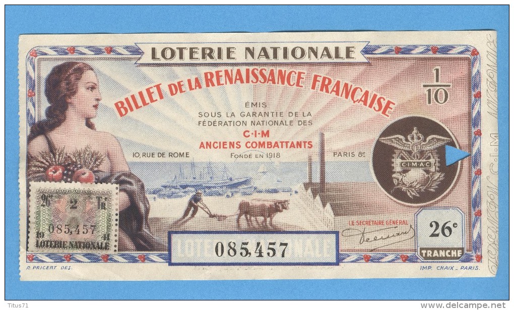 Billet Loterie Nationale -1941 - Billet De La Renaissance Française - 26ème Tranche - Biglietti Della Lotteria