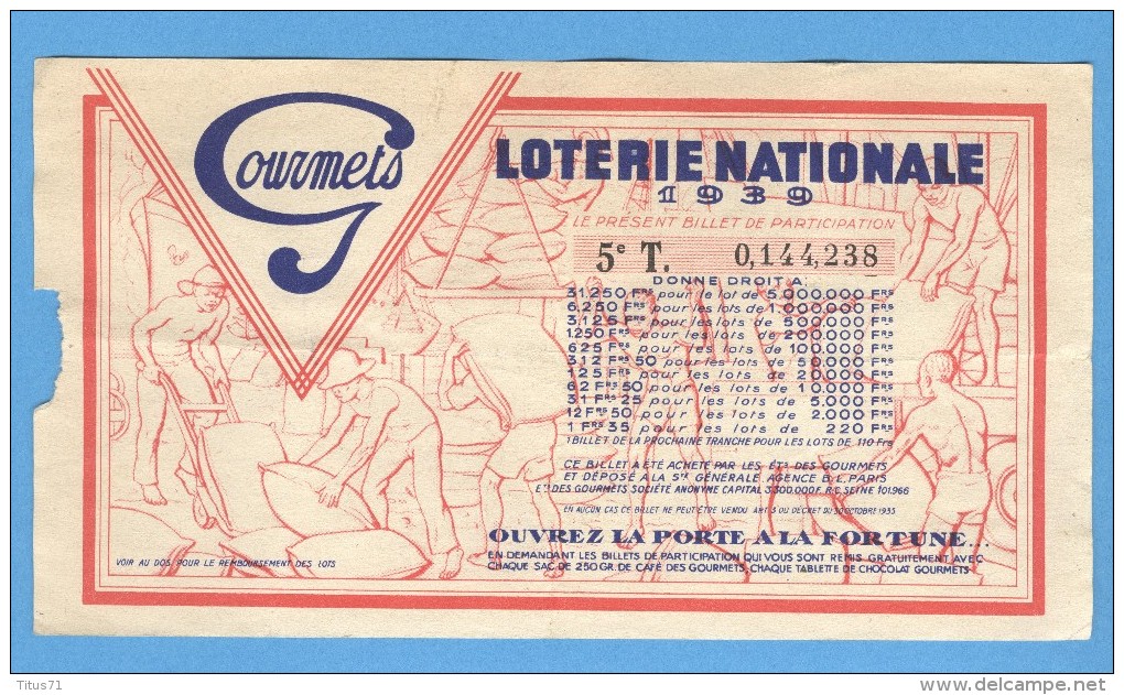 Billet Loterie Nationale - Publicitaire Café Et Chocolats Des Gourmets - 5ème Tranche 1941 - Billets De Loterie