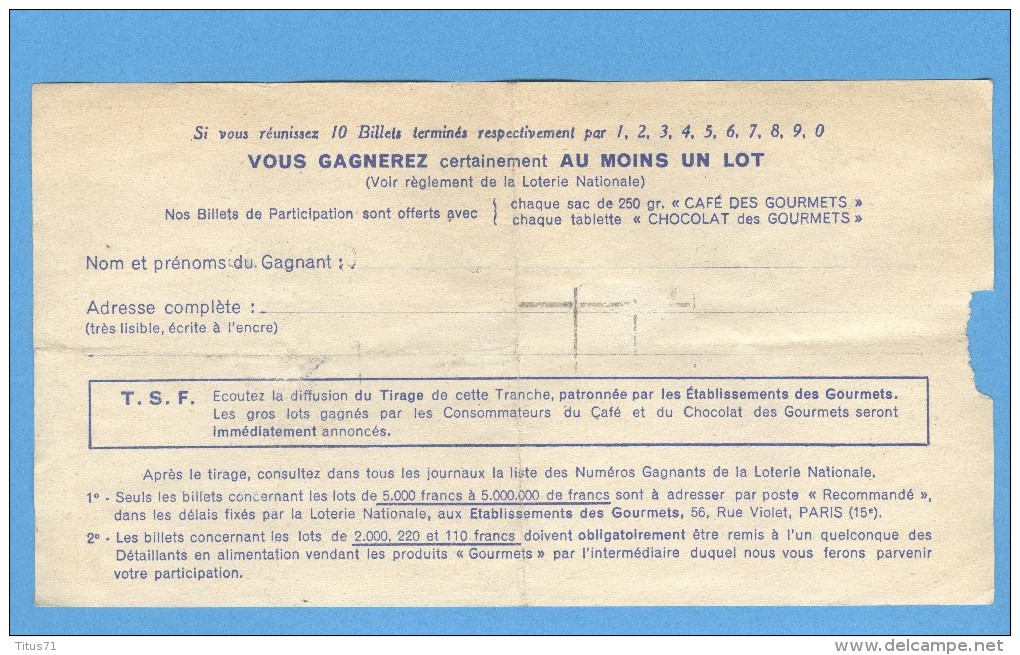 Billet Loterie Nationale - Publicitaire Café Et Chocolats Des Gourmets - 5ème Tranche 1941 - Billets De Loterie