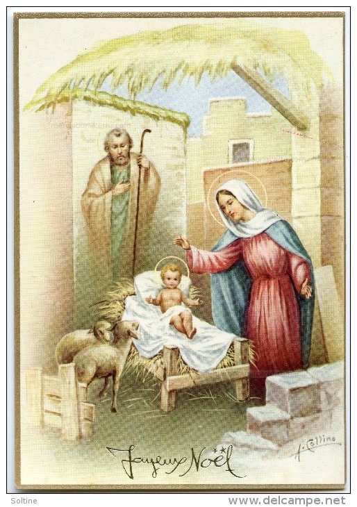 JOYEUX NOËL - A. Collino - Deux Moutons Regardent Jésus Sur Sa Crèche, Joseph, Vierge Marie - écrite - 2 Scans - Autres & Non Classés