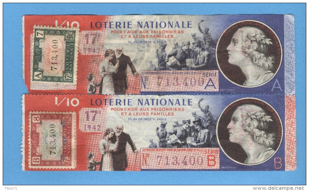 2 Billets Loterie Nationale - Pour L'aide Aux Prisonniers Et à Leur Famille - 17ème Tranche 1942 - Billets De Loterie