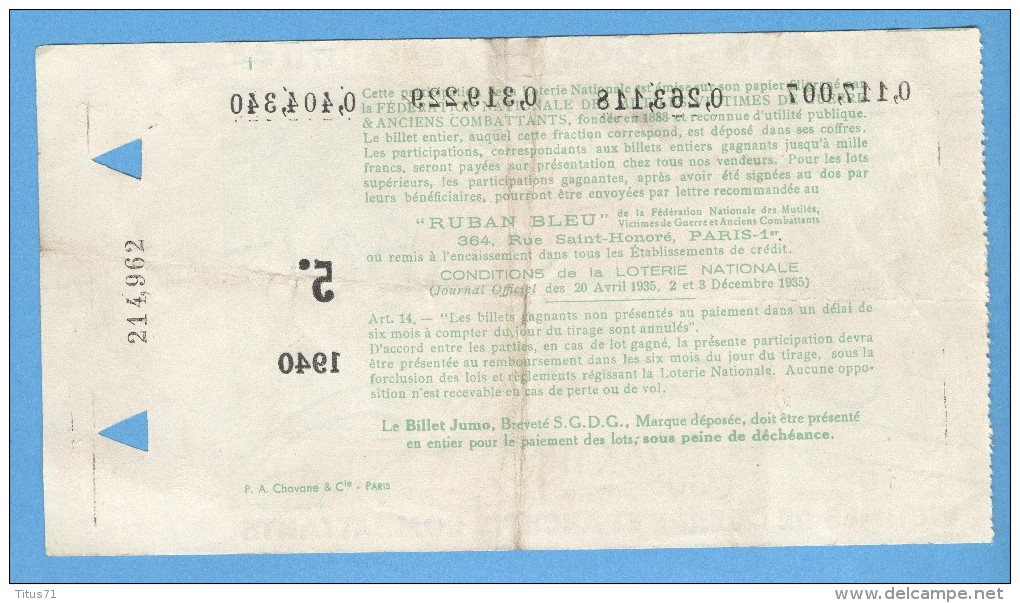 Billet Loterie Nationale - Fédération Nationale Des Mutilés - 5ème Tranche 1940 - 4 X 1/50 - Billets De Loterie