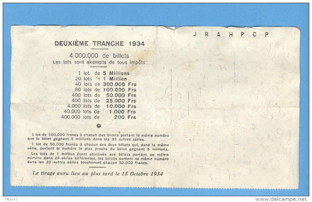 Billet Loterie Nationale - République Française - 2ème Tranche 1934 - 100 Francs - Billets De Loterie