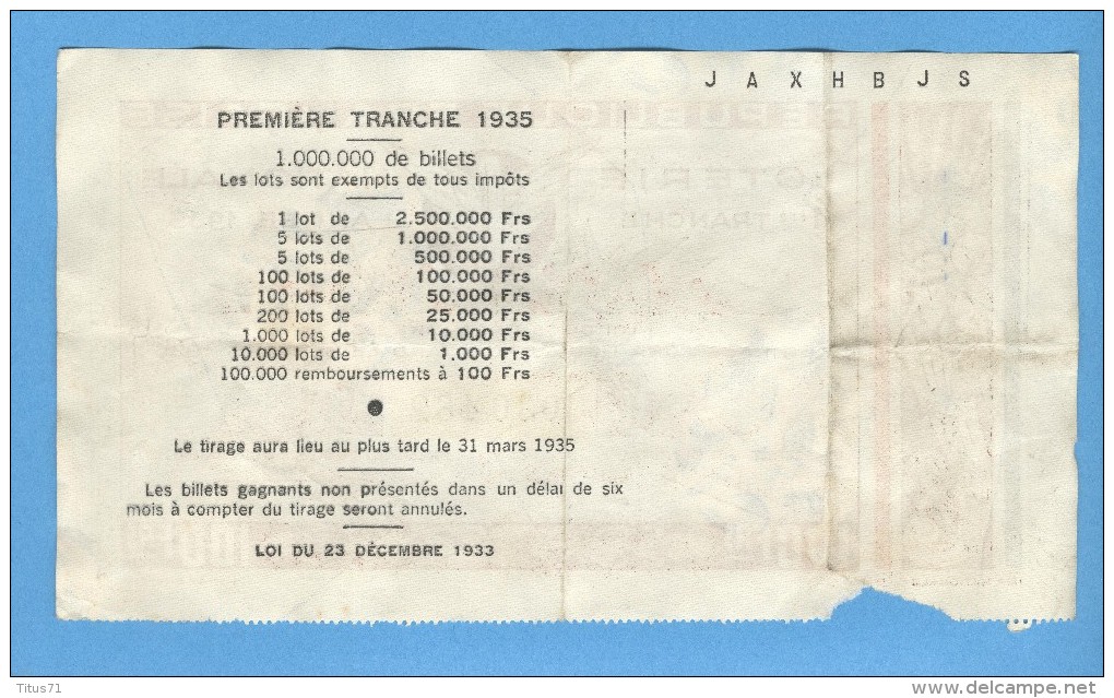 Billet Loterie Nationale - République Française - 1ère Tranche 1935 - 100 Francs - Billetes De Lotería