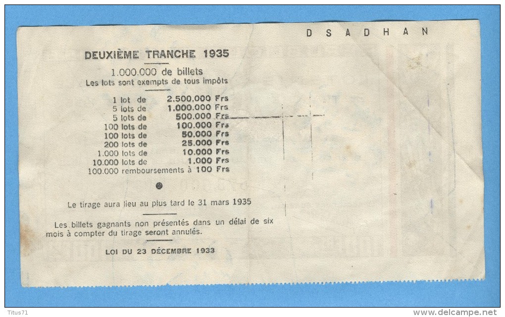 Billet Loterie Nationale - République Française - 2ème Tranche 1935 - 100 Francs - Billets De Loterie