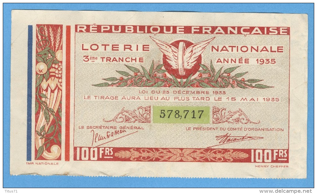 Billet Loterie Nationale - République Française - 3ème Tranche 1935 - 100 Francs - Loterijbiljetten