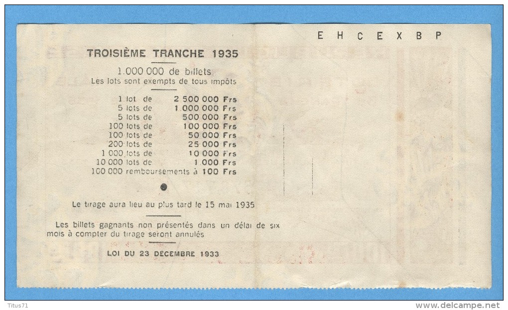 Billet Loterie Nationale - République Française - 3ème Tranche 1935 - 100 Francs - Billets De Loterie