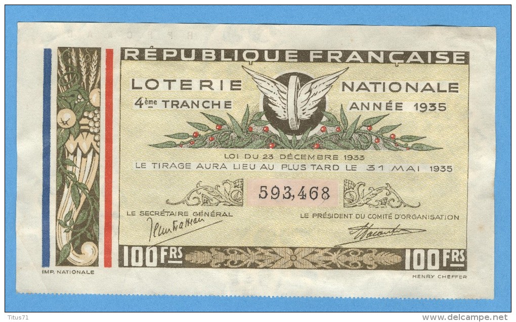 Billet Loterie Nationale - République Française - 4ème Tranche 1935 - 100 Francs - Lottery Tickets