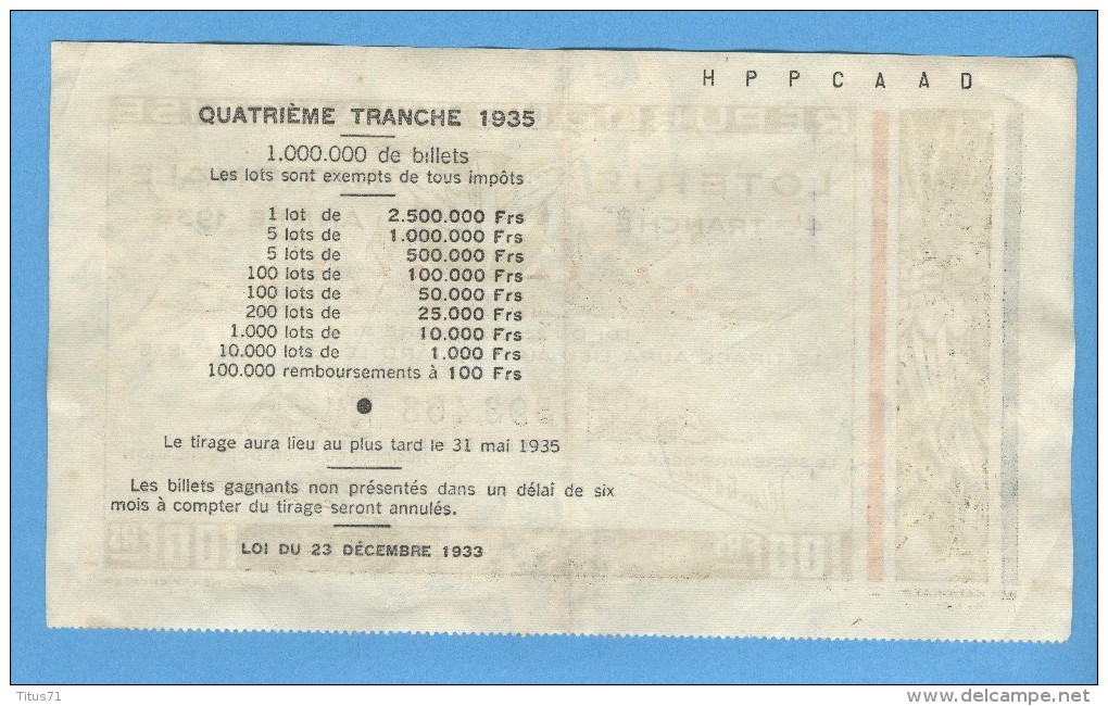 Billet Loterie Nationale - République Française - 4ème Tranche 1935 - 100 Francs - Billets De Loterie