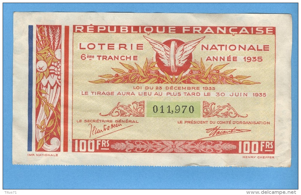 Billet Loterie Nationale - République Française - 6ème Tranche 1935 - 100 Francs - Billets De Loterie