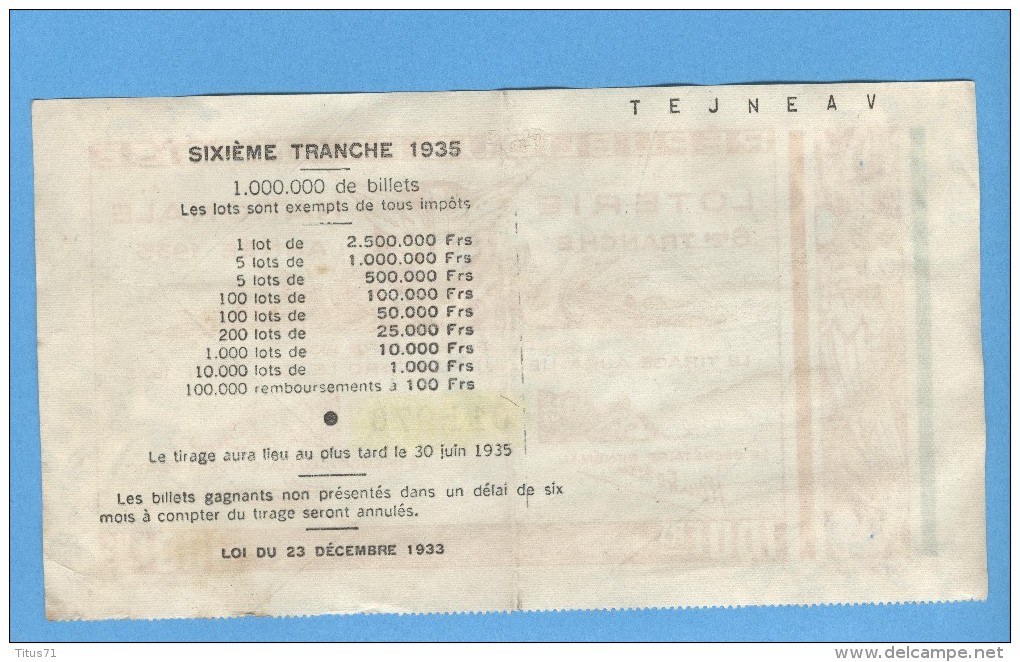 Billet Loterie Nationale - République Française - 6ème Tranche 1935 - 100 Francs - Billets De Loterie