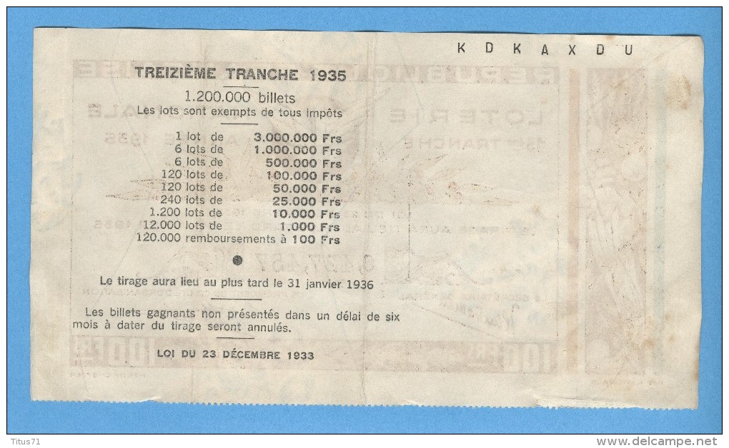 Billet Loterie Nationale - République Française - 7ème Tranche 1935 - 100 Francs - Billets De Loterie