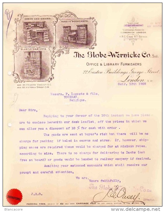 LONDON 1908 The Globe Wernicke Co Office & Library Furnishers - United Kingdom