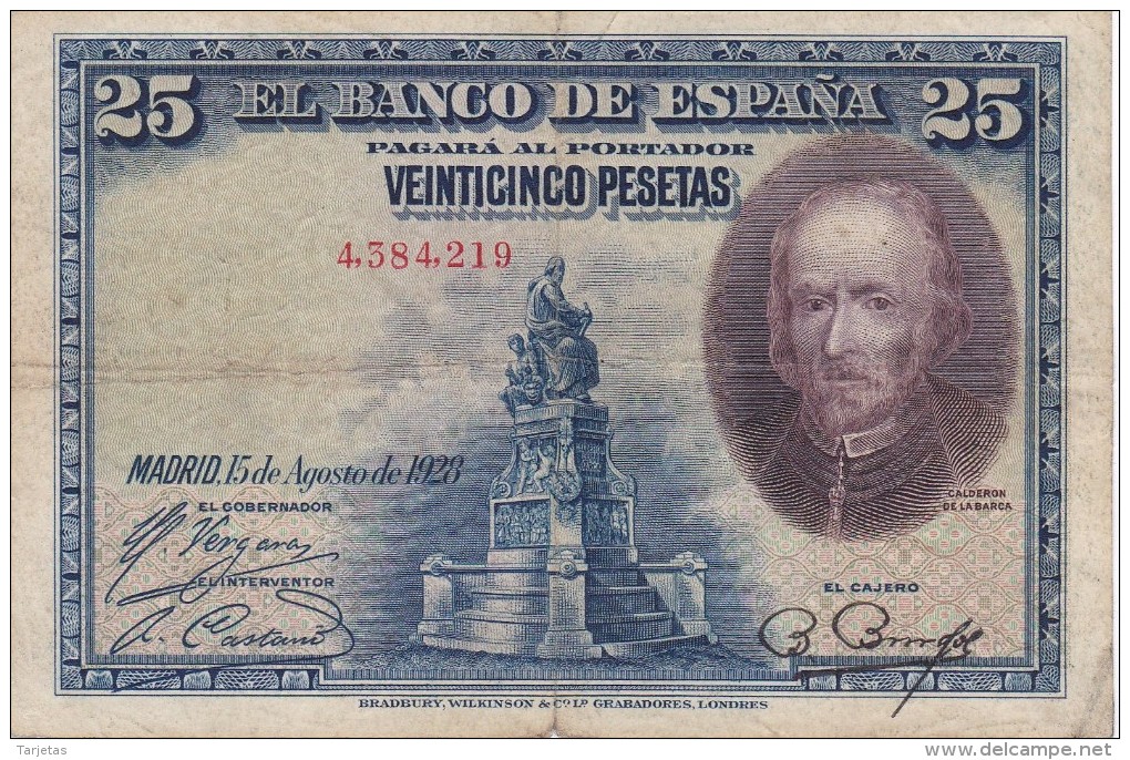 BILLETE DE ESPAÑA DE 25 PTAS DEL AÑO 1928 SIN SERIE (BANKNOTE) - 1-2-5-25 Pesetas