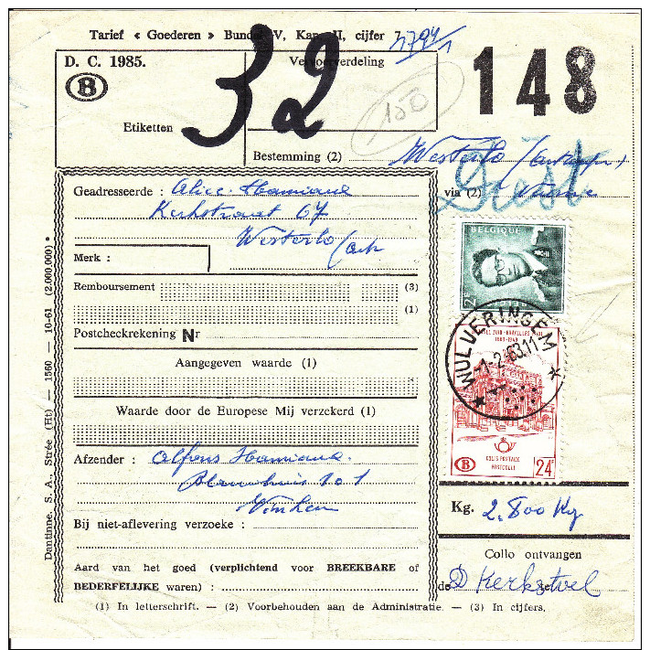 Spoorwegdocument Met STERstempel "* WULVERINGEM * / 7P" Op Nr 1066 Type Marchand - 1953-1972 Glasses