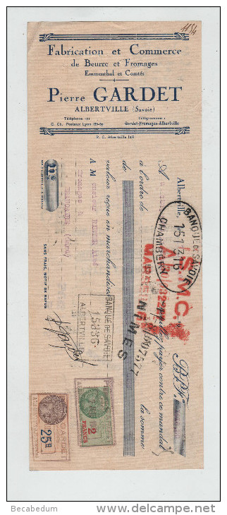 Lettre De Change Gardet Albertville Fabrication Commerce Beurre Fromages Emmenthal Comtés 1931 - Wechsel