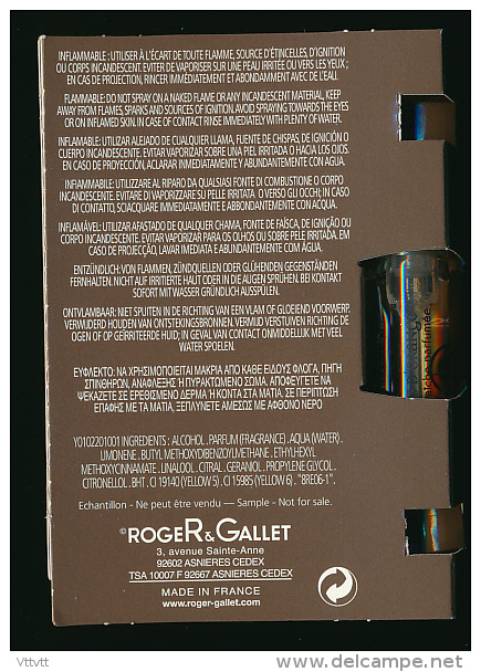 ROGER &amp; GALLET, Bois D'Orange, Eau Fraiche Parfumée, Vaporisateur, 1,5 Ml, échantillon Tube Sur Carte, Jamais Ouvert - Perfume Samples (testers)