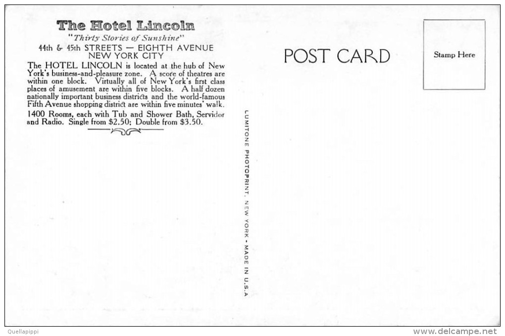 03029 "HOTEL LINCOLN - NEW YORK"  CART. NON  SPED. - Bars, Hotels & Restaurants