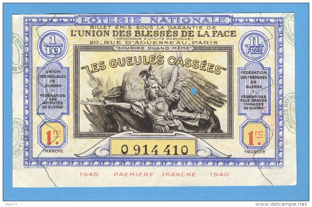 Billet Loterie Nationale - L'union Des Bléssés De La Face - 1ère Tranche 1940 - 1/10 ème - Billets De Loterie