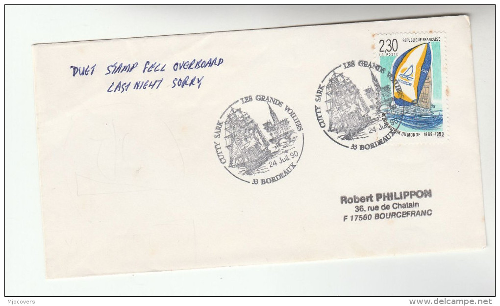 1990 Bordeaux FRANCE Stamps COVER EVENT Pmk CUTTY SARK SAILING SHIP - Ships