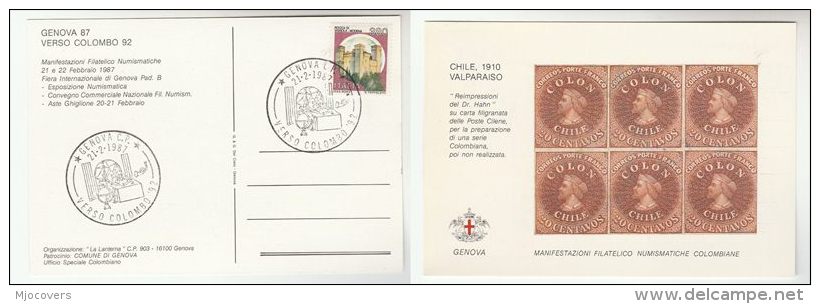 1987 Genoa CHRISTOPHER COLUMBUS EVENT Cover ITALY  (postcard 1910 Christopher Columbus Chile Stamps) - Christopher Columbus