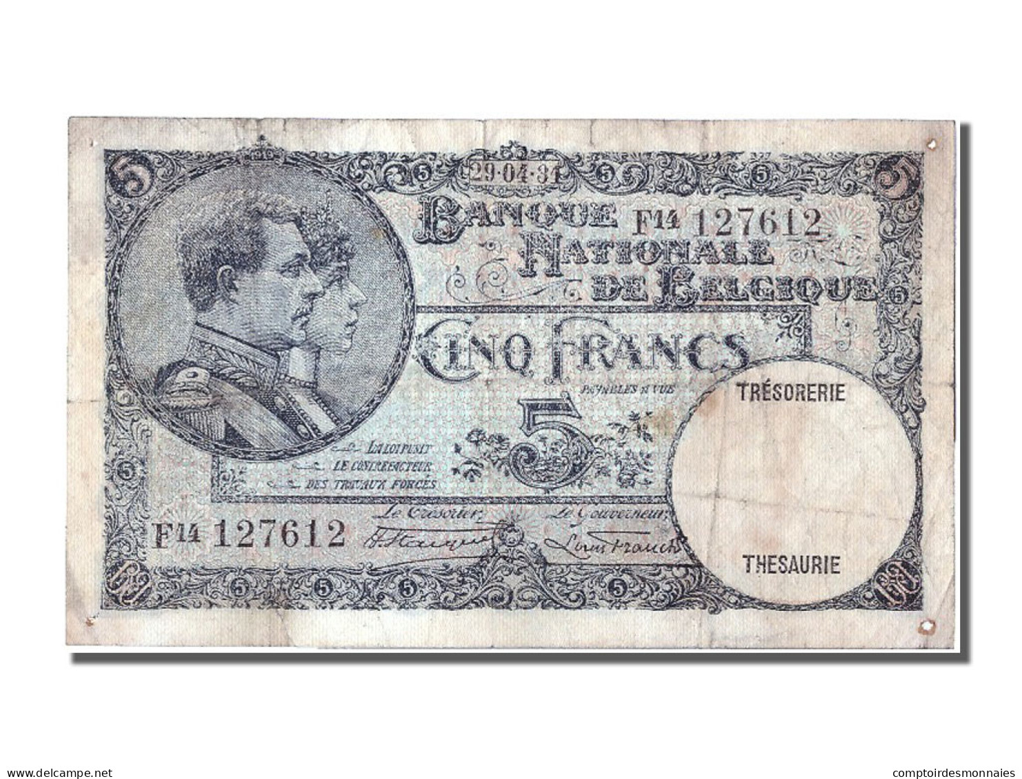 Billet, Belgique, 5 Francs, 1931, 1931-04-29, TB - Andere & Zonder Classificatie