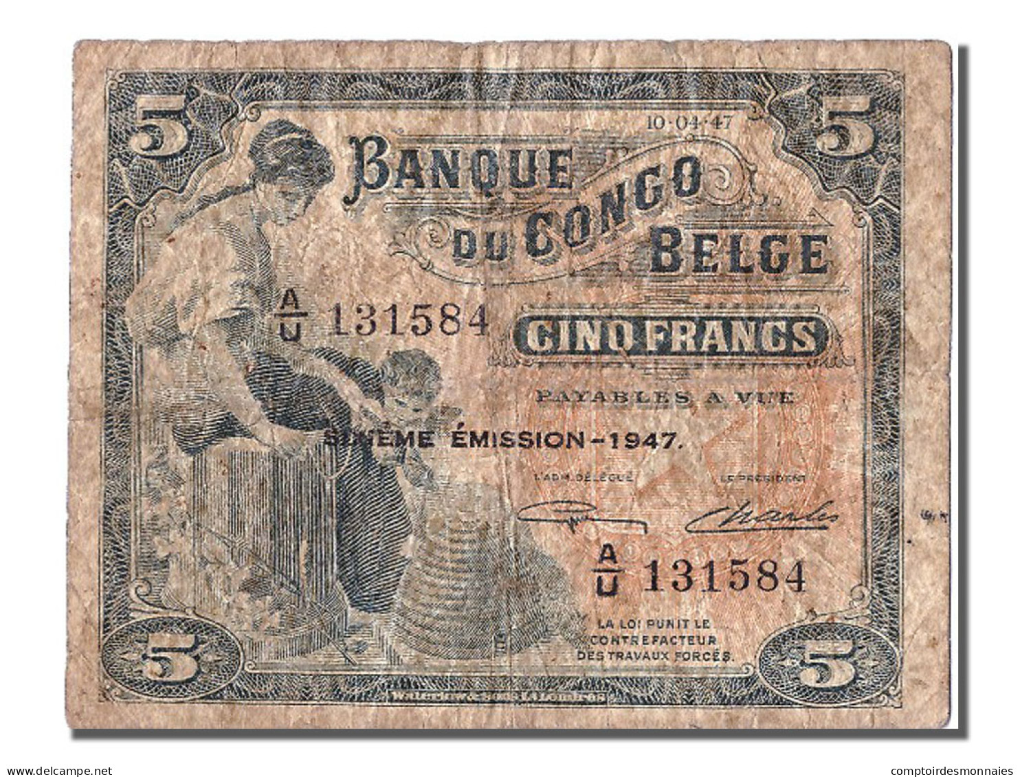 Billet, Congo Belge, 5 Francs, 1947, 1947-04-10, TB - Banca Del Congo Belga