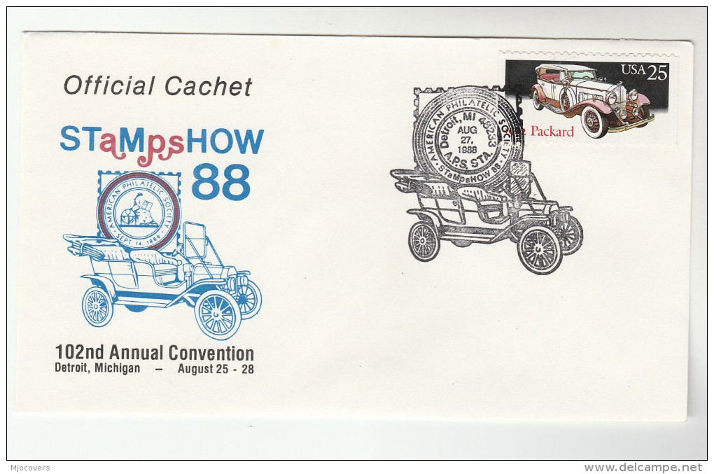 1988 DETROIT Stamp Show USA CARS Stamps EVENT COVER 1930s PACKARD CAR Philatelic Exhibition - Cars