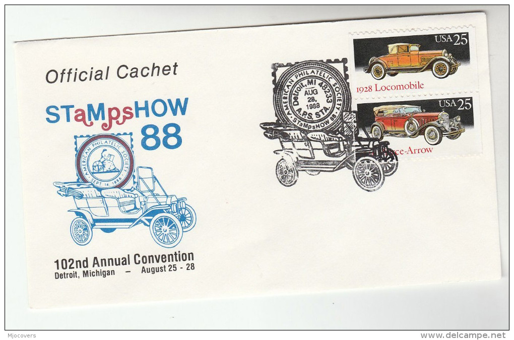 1988 DETROIT Stamp Show USA CARS Stamps EVENT COVER 1928 LOCOMOBILE, PIERCE ARROW CAR Philatelic Exhibition - Cars