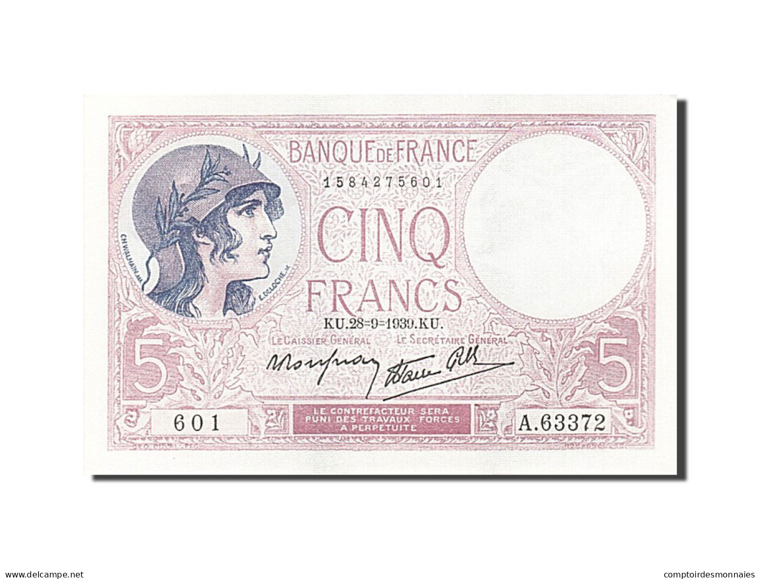 Billet, France, 5 Francs, 1937-1939, 1939-09-28, SPL, Fayette:4.10, KM:83 - 5 F 1917-1940 ''Violet''