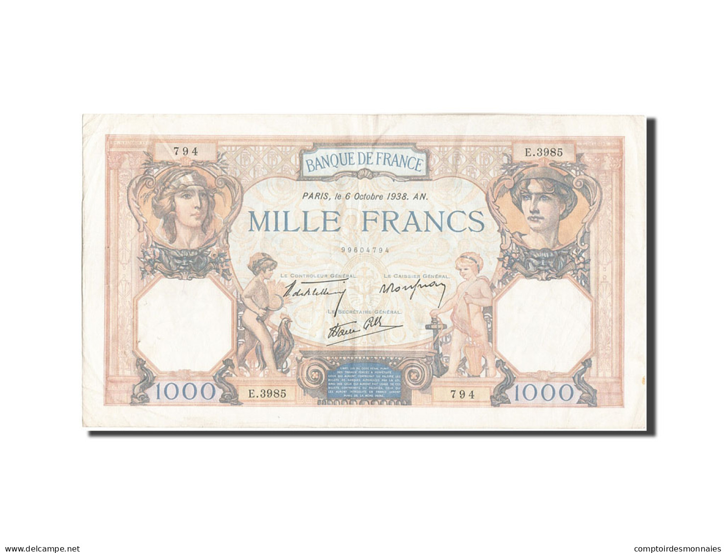 Billet, France, 1000 Francs, 1 000 F 1927-1940 ''Cérès Et Mercure'', 1938 - 1 000 F 1927-1940 ''Cérès Et Mercure''