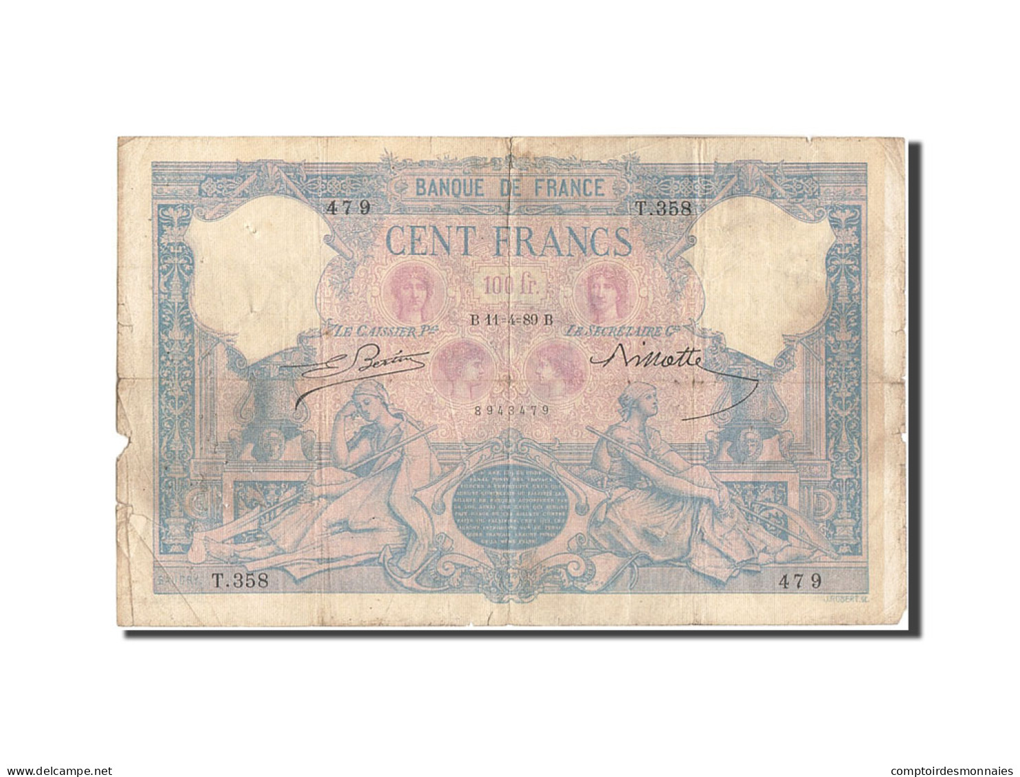 Billet, France, 100 Francs, 100 F 1888-1909 ''Bleu Et Rose'', 1889, 1889-04-11 - 100 F 1888-1909 ''Bleu Et Rose''