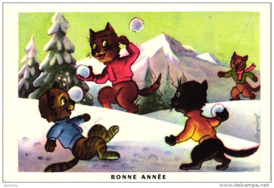 CHAT HABILLES "BONNE ANNEE" ILLUSTREE PAR DAGOBERT A VOIR !!! BATAILLE BOULES DE NEIGE !!  REF 40688 - Dressed Animals