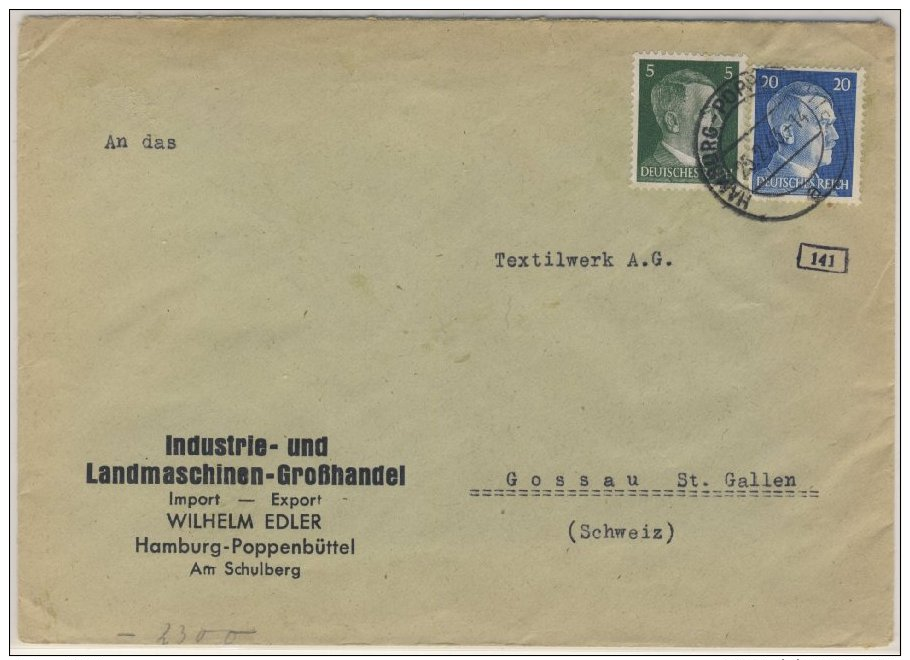 DR - 20+5 Pfg. AH, Zensurbrief I.d. SCHWEIZ, Hamburg-Poppenbüttel - Gossau 1943 - Autres & Non Classés