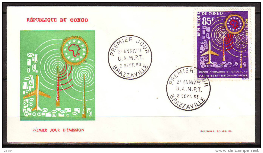 CONGO    1er JOUR  Le 8 Sept 1963  BRAZZAVILLE    U.A.M.P.T.   POSTE AERIENNE 85f - FDC