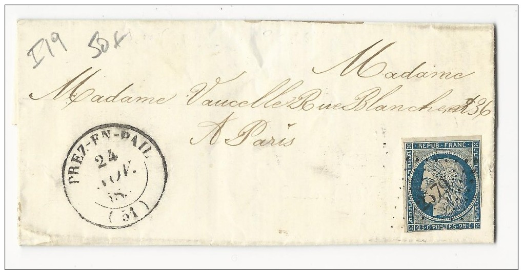 MAYENNE - 1852 - 25c CERES - LETTRE De PREZ EN PAIL Avec PC 2579 + T14 - INDICE 16 = 170 EUR. - 1849-1876: Période Classique