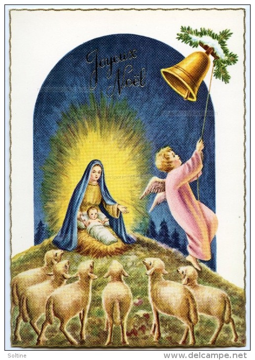 JOYEUX NOËL - Un Ange Sonne Une Cloche, Moutons Contemplent Jésus Devant Marie Nimbée De Lumière - Non écrite - 2 Scans - Autres & Non Classés