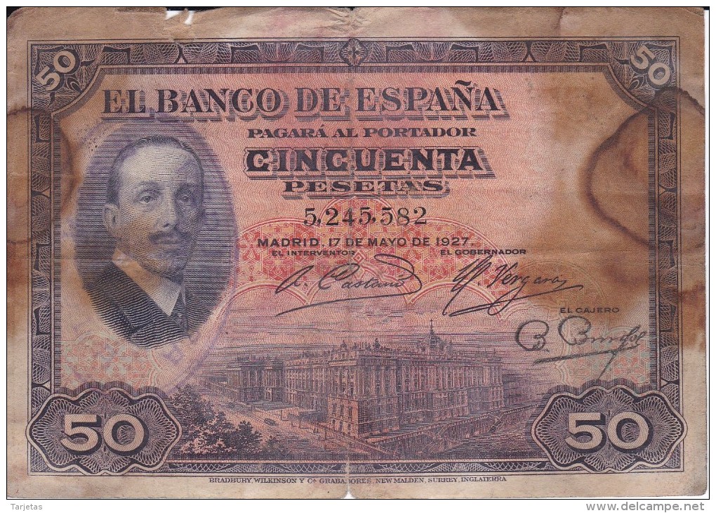 BILLETE DE ESPAÑA DE 50 PTAS  DEL AÑO 1927 CON RESELLO REPUBLICA ESPAÑOLA  (BANKNOTE) - 50 Pesetas