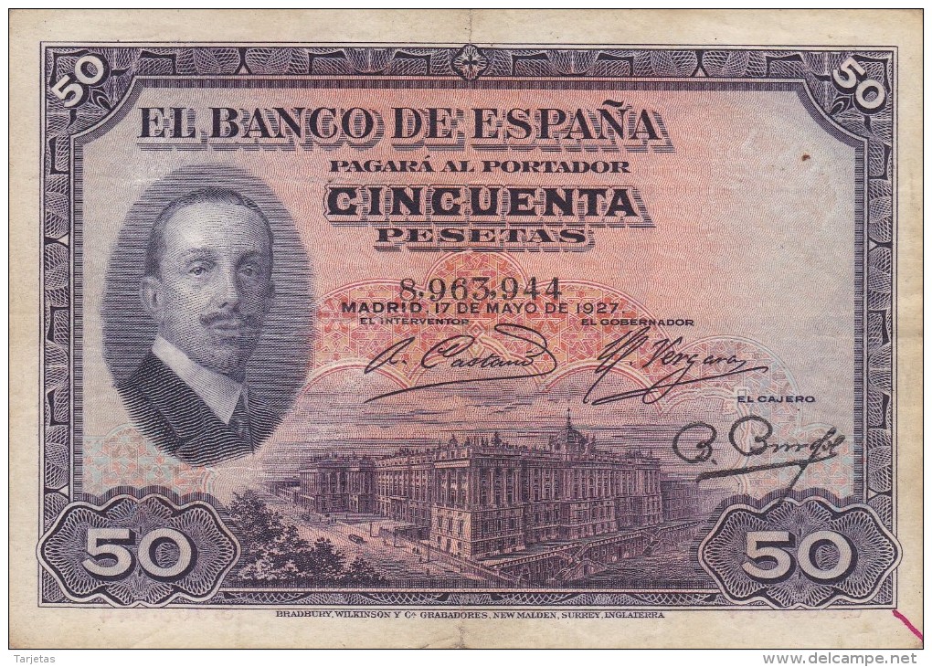 BILLETE DE ESPAÑA DE 50 PTAS  DEL AÑO 1927 SIN RESELLO (RARO)  (BANKNOTE) - 50 Pesetas