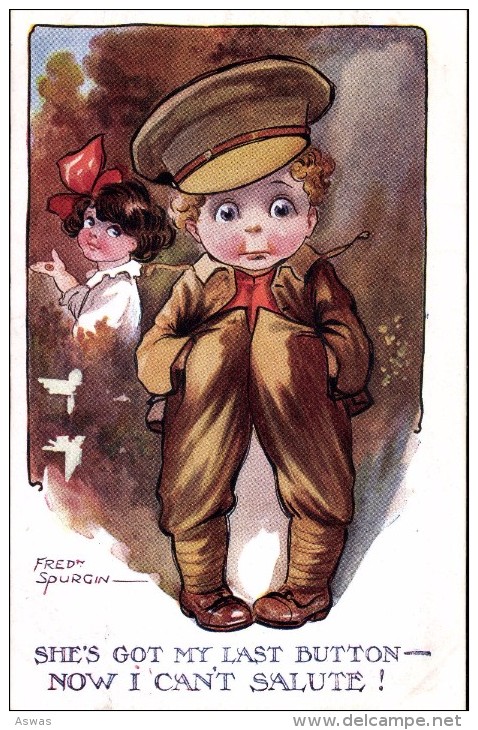 FRED SPURGIN ~ LITTLE GIRL & SOLDIER BOY ~ LOST BUTTON, CAN'T SALUTE ~ MILITARY HUMOUR ~ "Cheer O" Series - Spurgin, Fred