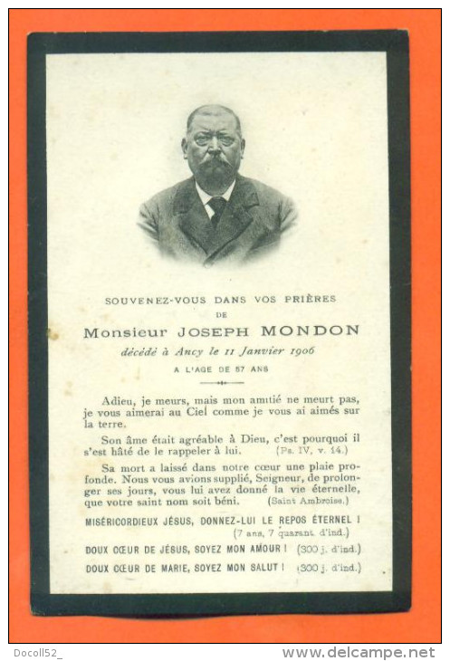 Image Pieuse De Deçés - Joseph Mondon Decedé à Ancy Sur Moselle Le 11/01/1906 - 2 Scans - Avvisi Di Necrologio